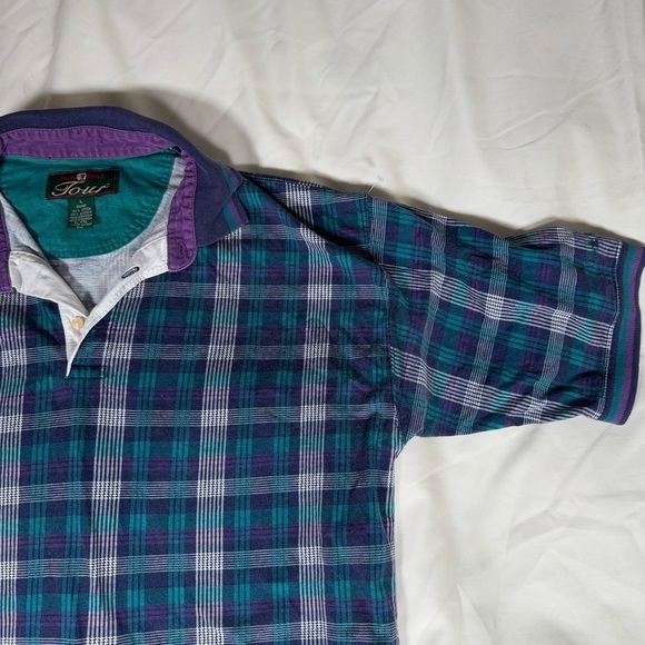 Vintage 90s oversized unisex plaid polo shirt - Picture 3 of 6